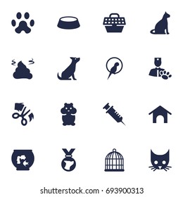 Set Of 16 Animals Icons Set.Collection Of Pet Crate, Scissor, Cat And Other Elements.