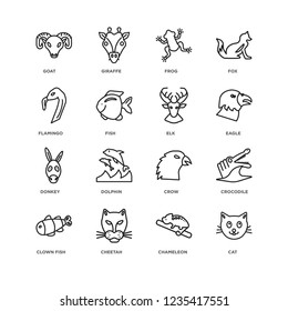 Set Of 16 animals linear icons such as Cat, Chameleon, Cheetah, Clown fish, Crocodile, Goat, Flamingo, Donkey, Elk, editable stroke icon pack, pixel perfect