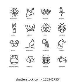 Set Of 16 animals linear icons such as Goldfish, Gorilla, Hamster, Hippopotamus, Horse, Mosquito, Llama, Koala, Lion, editable stroke icon pack, pixel perfect