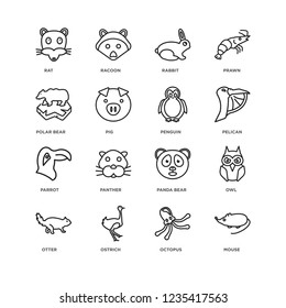 Set Of 16 animals linear icons such as Mouse, Octopus, Ostrich, Otter, Owl, Rat, Polar bear, Parrot, Penguin, editable stroke icon pack, pixel perfect