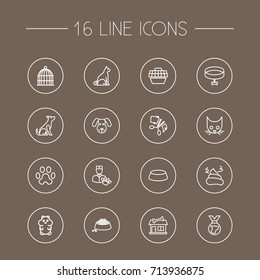 Set Of 16 Animals Outline Icons Set. Collection Of Vet, Medal, Pile Of Poo And Other Elements.