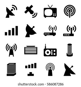 Set of 16 antenna filled icons such as satellite, business center building, signal, router, radio, transmitter