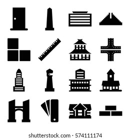 Set of 16 Architecture Filled icons such as castle, brick wall, Chichen Itza, lighthouse, business center building, ruler, tag, door, business center, house, building, bridge, monument, road