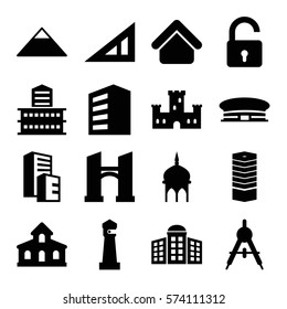 Set of 16 Architecture Filled icons such as compass, building, house building, business centre, building   isolated  sign symbol, mosque, lighthouse, castle, opened lock, triangle ruler