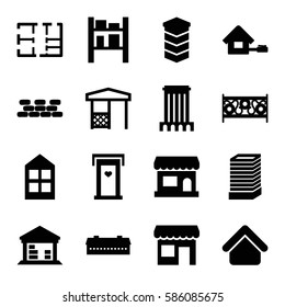 Set of 16 architecture filled icons such as barn, house building, door with heart, business center building, window, fence, gazebo, cargo barn