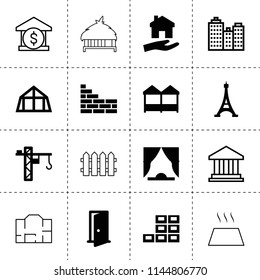 Set of 16 architecture filled and outline icons such as house clean, curtain, brick wall, tower crane, office building, mansard roof, door, store, eiffel tower, fence, bank