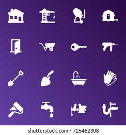 Set Of 16 Architecture Icons Set.Collection Of Spade, Electric Screwdriver, Building Machinery And Other Elements.