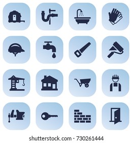 Set Of 16 Architecture Icons Set.Collection Of Hacksaw, Protection, Worker And Other Elements.