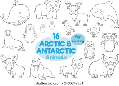 Conjunto de 16 animales árticos y antárticos para colorear en estilo de dibujos animados Vector Ilustración