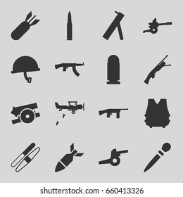 Set of 16 army filled icons such as sawing, rocket bomb, cannon, war helmet, bulletproof vest, bullet, military plane