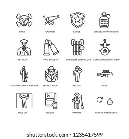 Set Of 16 Army And War Linear Icons Such As Pair Of Handcuffs, Patriot, Pledge, Pull Up, Rifle, Dead, Veteran, Soldiers A Weapon, Time Bomb With Clock, Editable Stroke Icon Pack, Pixel Perfect