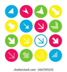 Set of 16 arrow icons with south-east direction. Arrow buttons on white background in crimson, blue, yellow and transparent circles for web-design, applications and other. Vector illustration, EPS10.