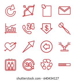 set of 16 arrow outline icons such as elevator, dollar down, recycle, 24 support, bow, chart, watering system, dart, 24 hours support, mail, reload, loading