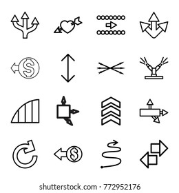 Set of 16 arrows outline icons such as coin, arrow, heart with arrow, reload, angle
