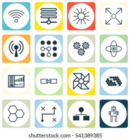 Set Of 16 Artificial Intelligence Icons. Includes Hive Pattern, Controlling Board, Solution And Other Symbols. Beautiful Design Elements.
