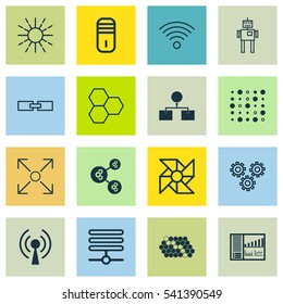 Set Of 16 Artificial Intelligence Icons. Includes Radio Waves, Information Base, Algorithm Illustration And Other Symbols. Beautiful Design Elements.