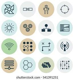 Set Of 16 Artificial Intelligence Icons. Includes Variable Architecture, Lightness Mode, Information Base And Other Symbols. Beautiful Design Elements.