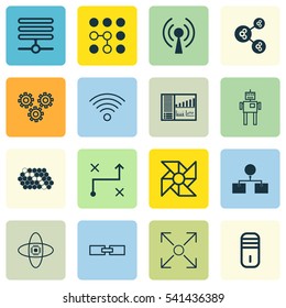 Set Of 16 Artificial Intelligence Icons. Includes Hive Pattern, Information Base, Cyborg And Other Symbols. Beautiful Design Elements.