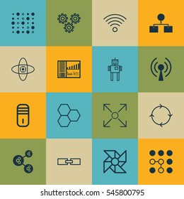 Set Of 16 Artificial Intelligence Icons. Includes Related Information, Wireless Communications, Computing Problems And Other Symbols. Beautiful Design Elements.