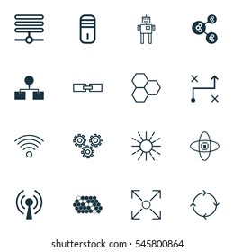 Set Of 16 Artificial Intelligence Icons. Includes Radio Waves, Mainframe, Solution And Other Symbols. Beautiful Design Elements.