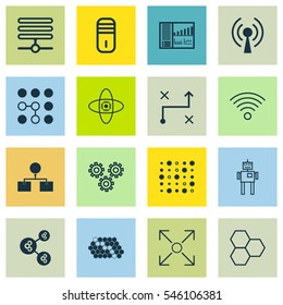 Set Of 16 Artificial Intelligence Icons. Includes Information Components, Information Base, Mainframe And Other Symbols. Beautiful Design Elements.