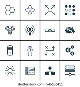 Set Of 16 Artificial Intelligence Icons. Includes Controlling Board, Analysis Diagram, Solution And Other Symbols. Beautiful Design Elements.