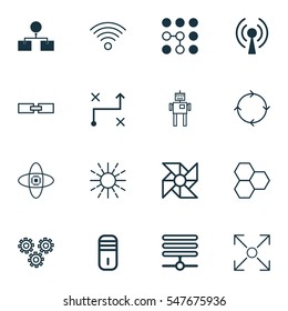 Set Of 16 Artificial Intelligence Icons. Includes Solution, Information Components, Radio Waves And Other Symbols. Beautiful Design Elements.