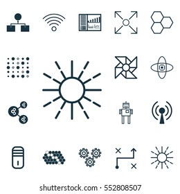 Set Of 16 Artificial Intelligence Icons. Includes Hive Pattern, Atomic Cpu, Algorithm Illustration And Other Symbols. Beautiful Design Elements.