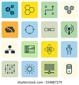 Set Of 16 Artificial Intelligence Icons. Includes Atomic Cpu, Controlling Board, Hive Pattern And Other Symbols. Beautiful Design Elements.
