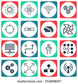 Set Of 16 Artificial Intelligence Icons. Includes Related Information, Cyborg, Atomic Cpu And Other Symbols. Beautiful Design Elements.