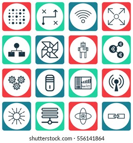 Set Of 16 Artificial Intelligence Icons. Includes Wireless Communications, Controlling Board, Related Information And Other Symbols. Beautiful Design Elements.