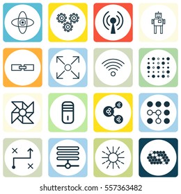 Set Of 16 Artificial Intelligence Icons. Includes Mechanism Parts, Computing Problems, Related Information And Other Symbols. Beautiful Design Elements.