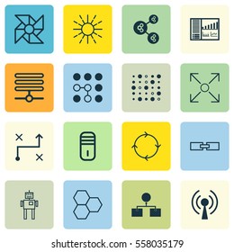 Set Of 16 Artificial Intelligence Icons. Includes Variable Architecture, Information Base, Mainframe And Other Symbols. Beautiful Design Elements.