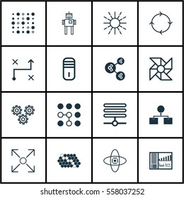Set Of 16 Artificial Intelligence Icons. Includes Mechanism Parts, Mainframe, Cyborg And Other Symbols. Beautiful Design Elements.