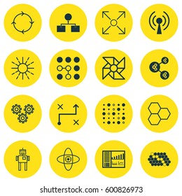 Set Of 16 Artificial Intelligence Icons. Includes Lightness Mode, Algorithm Illustration, Analysis Diagram And Other Symbols. Beautiful Design Elements.