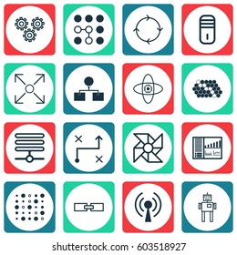 Set Of 16 Artificial Intelligence Icons. Includes Mechanism Parts, Cyborg, Solution And Other Symbols. Beautiful Design Elements.