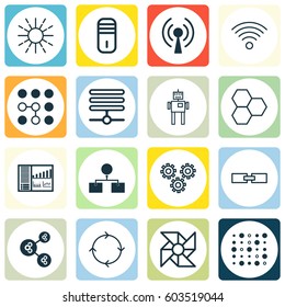 Set Of 16 Artificial Intelligence Icons. Includes Laptop Ventilator, Mainframe, Radio Waves And Other Symbols. Beautiful Design Elements.