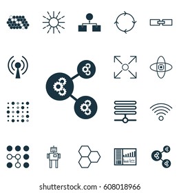 Set Of 16 Artificial Intelligence Icons. Includes Information Components, Hive Pattern, Radio Waves And Other Symbols. Beautiful Design Elements.