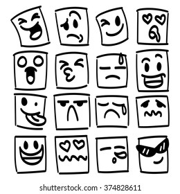 Set of 16 assorted square outlined emojis with different expressions.