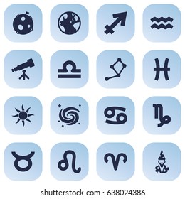Set Of 16 Astrology Icons Set.Collection Of Space, Lion, Earth Planet And Other Elements.