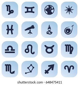 Set Of 16 Astrology Icons Set.Collection Of Comet, Solar, Binoculars And Other Elements.