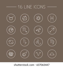 Set Of 16 Astrology Outline Icons Set.Collection Of Galaxy, Aries, Capricorn And Other Elements.