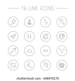 Set Of 16 Astrology Outline Icons Set.Collection Of Moon, Leo, Galaxy And Other Elements.