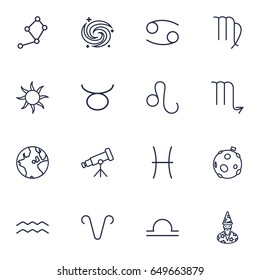 Set Of 16 Astrology Outline Icons Set.Collection Of Galaxy, Pisces, Virgo And Other Elements.