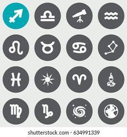 Set Of 16 Astronomy Icons Set.Collection Of Lion, Fishes, Augur And Other Elements.