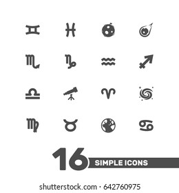 Set Of 16 Astronomy Icons Set.Collection Of Virgin, Binoculars, Fishes And Other Elements.