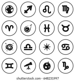 Set Of 16 Astronomy Icons Set.Collection Of Space, Bull, Scales And Other Elements.
