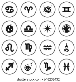 Set Of 16 Astronomy Icons Set.Collection Of Ram, Solar, Lunar And Other Elements.