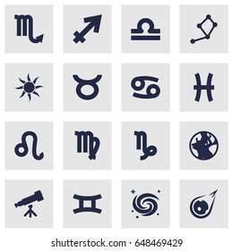 Set Of 16 Astronomy Icons Set.Collection Of Comet, Space, Bull And Other Elements.