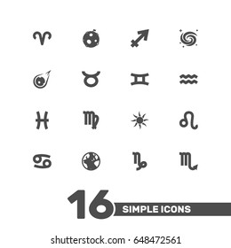 Set Of 16 Astronomy Icons Set.Collection Of Zodiac Sign, Bull, Lunar And Other Elements.